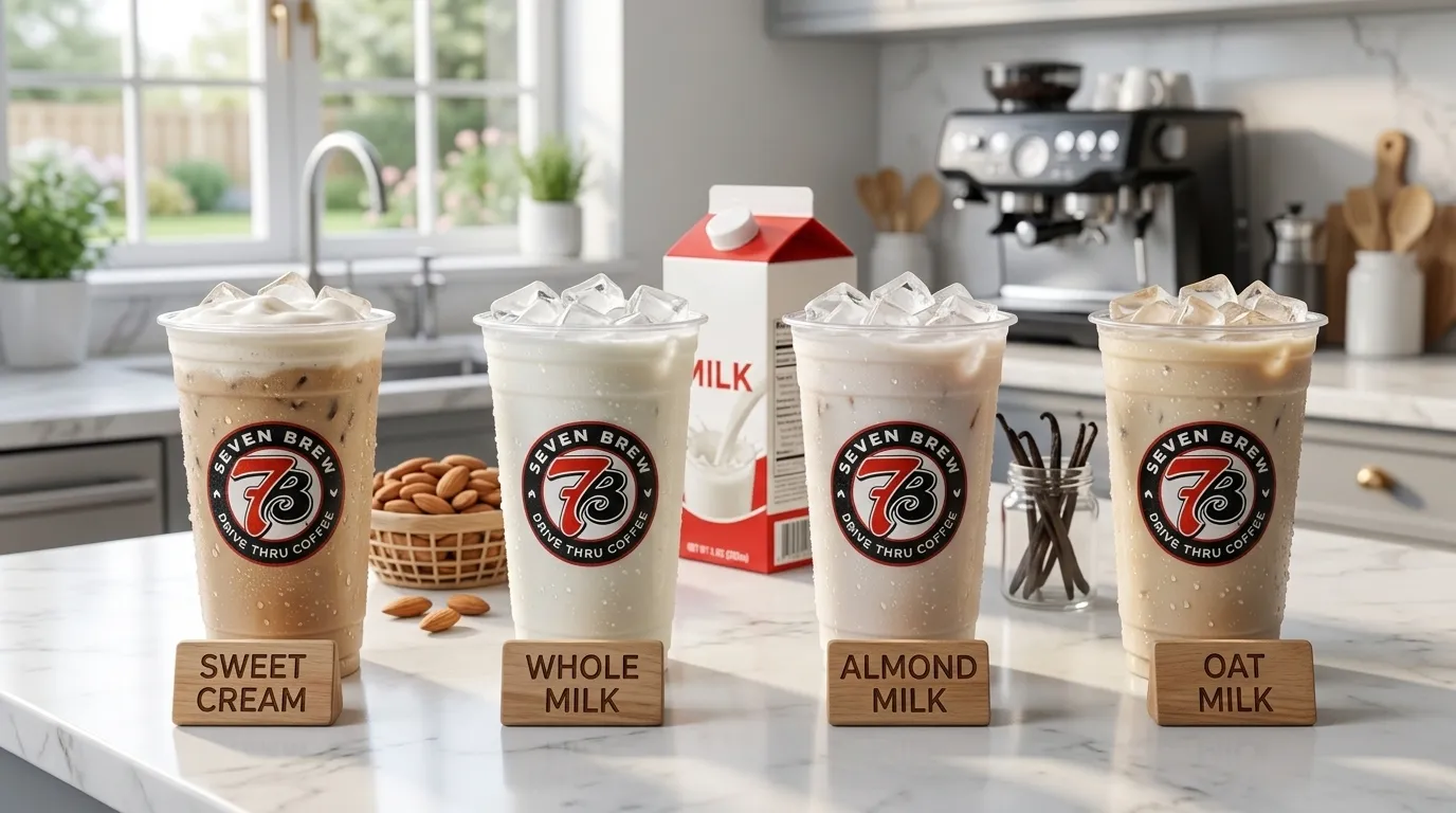 Milk options at 7 Brew compared — almond milk, oat milk, whole milk, sweet cream