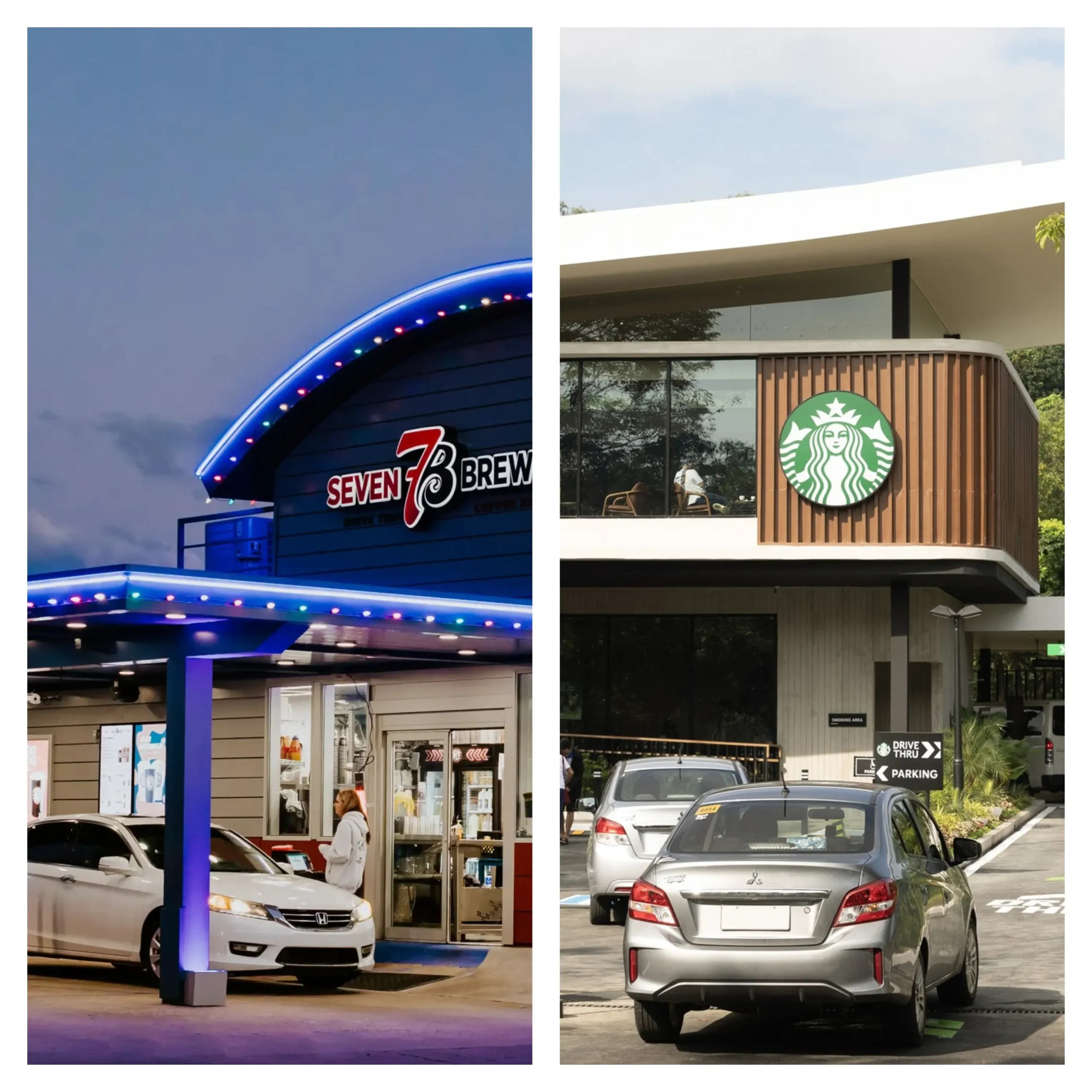 7 Brew drive-thru location compared to a Starbucks café storefront