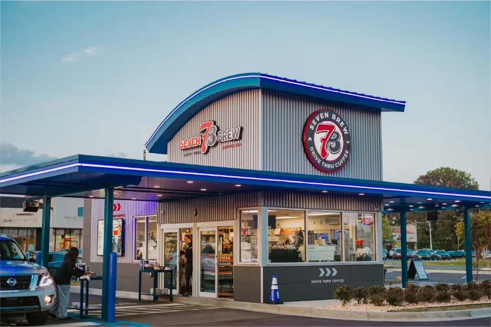 7 Brew Coffee drive-thru location with colorful signage